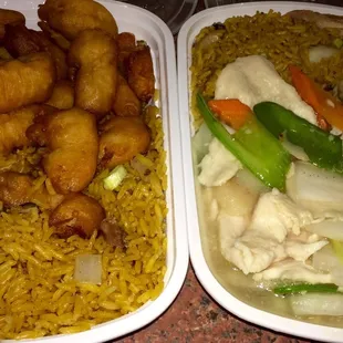 This is our order from Red Apple in Harahan. So good!  L: sweet/sour chicken; R: moo goo gui pan.
