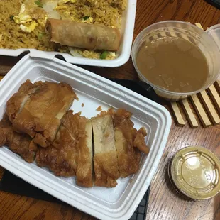Mandarin Chicken, egg fried rice, veggie egg roll
