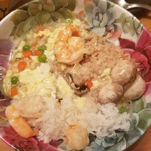 Bowl of white rice, shrimp fried rice and shrimp in lobster sauce