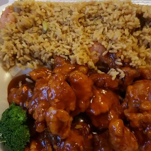 General Tso chicken and shrimp fried rice,it&apos;s pretty good