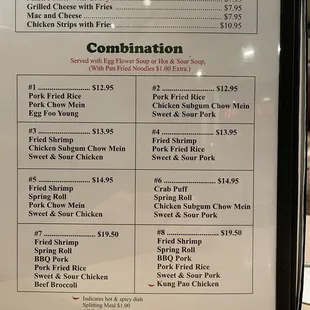 Menu page oh combo dinners