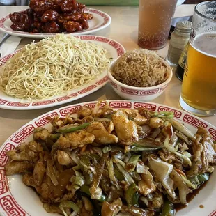 Szechuan chicken , pan fried noodles, fried rice and General  Zao&apos;s chicken.