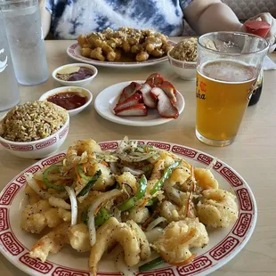 Salt and pepper shrimp dinner, bride ordered almond chicken, with bbq pork side, comes with soup.