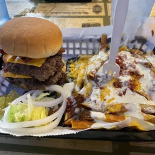 Double bacon cheeseburger and loaded fries