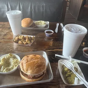 Sliced Brisket, Pulled Pork, Potato Salad, Fried Okra