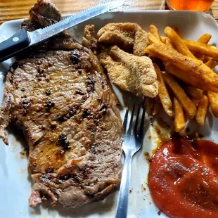 Steak &amp; Catfish Dinner with Seasoned Fries - Meal Came With One Piece Of Fish. They Added Another Because It Was So Small.