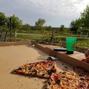 outside, pizza