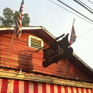 a red and white striped awning