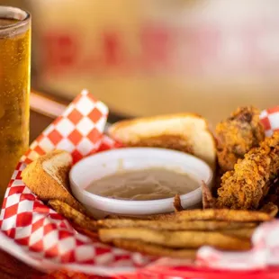Steak finger and chicken strip baskets come with Texas Toast, hand-cut fries, and gravy.