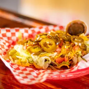 Loaded nachos at the Red Barrel mean just that...LOADED.  Homemade flour tortilla make these worth trying!