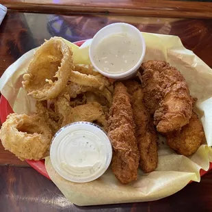 Chicken strips and onion rings.