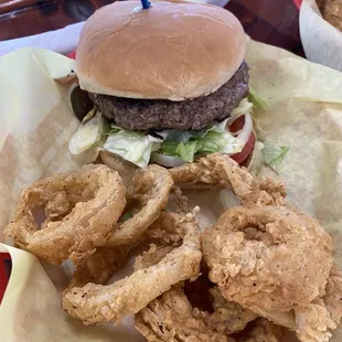 Burger and onion rings