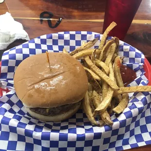 Loaded burger and fries.
