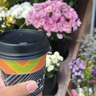 Vanilla latte posing next to the flower shop