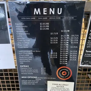Menu as of March 2021