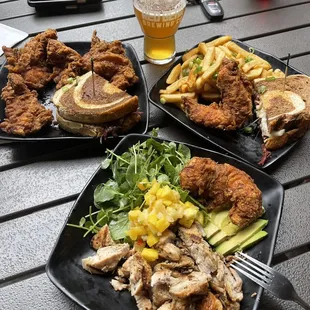 Chicken tenders, summer salad, Reuben