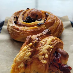 Raisin croissant and ham and cheese croissant