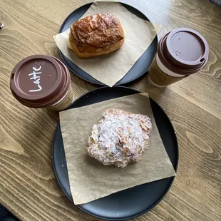 Chocolate and Almond Croissant with two coffees
