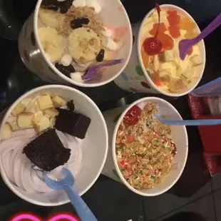 four bowls of frozen yogurt