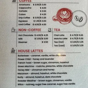 Coffee menu