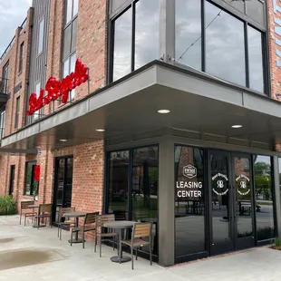 the entrance to a restaurant