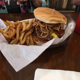 Double bacon burger with fried onions