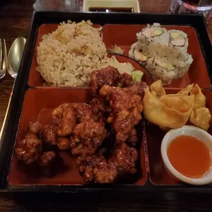 Bento Box, crab ragoon,  California roll, general Tso&apos;s chicken, and brown rice.