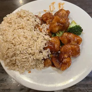 General Tso's chicken with brown rice.