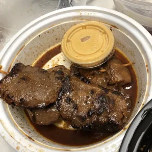 "Teriyaki beef skewers"  Cut too large compared to real Japanese style. But tastes good!