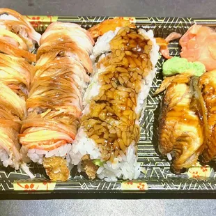 L to R:  Monster Roll, Red Bowl Roll, and Unagi (2 pieces)