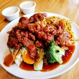 Spicy Tangerine Beef with Stir Fried Noodles and Egg Roll (not pictured).