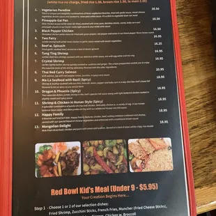 the menu for the red bowl specials