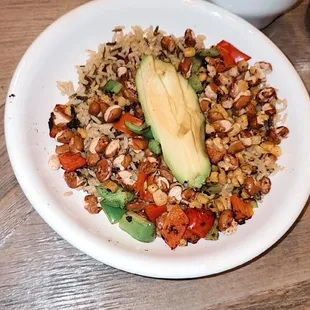 a plate of food with avocado