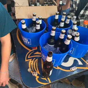 a table full of beer bottles