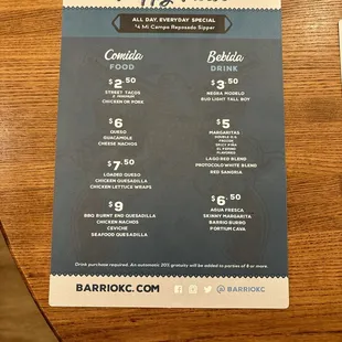 Happy hour menu