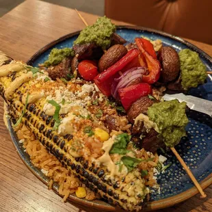Carne asada kabobs with elote