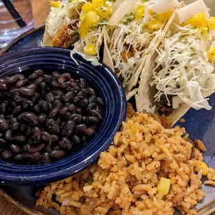 Fried Avocado Tacos (with whole black beans (substituted) and rice)