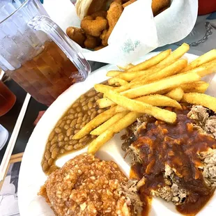 Regular BBQ Plate with fries and red slaw. Pups on the side and lots of that good ole sweet tea