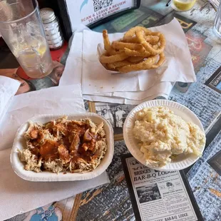 Small BBQ Tray, Potato Salad, and Onion Rings.