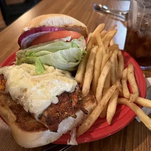 Spicy chicken sandwich with fries