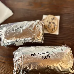 Carefully wrapped sandwiches and free cookies!