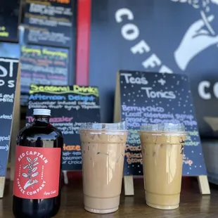 Cold brew, vegan mocha oat latte, oat vanilla latte