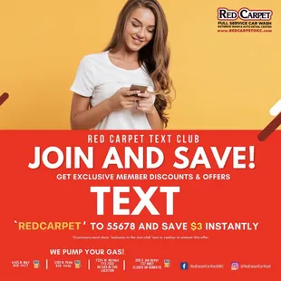 Join &amp; Save!
Get exclusive member discounts &amp; offers!!! Text REDCARPET to 55678