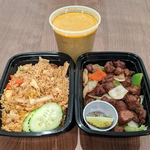 Yellow Curry w/ Chicken, Spicy Fried Rice w/ Chicken, &amp; Cube Steak