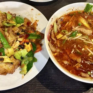 Twice cooked pork and beef in red chili oil
