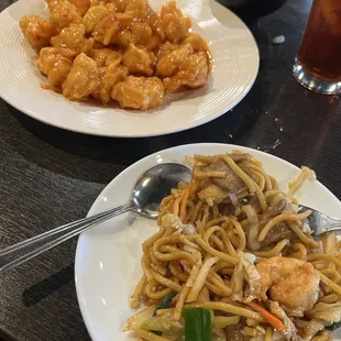 Orange chicken and Mongolian beef and noodles.