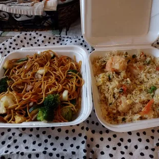 two take out containers of food