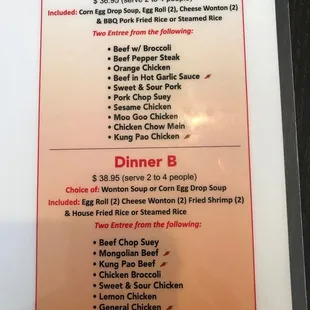 Dinner specials menu