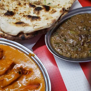 Butter chicken, daal makhani, garlic naan, sesame naan