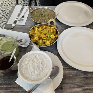 Shimla Paneer, dal makhni. Raita, tamarind chutney, mint coriander chutney